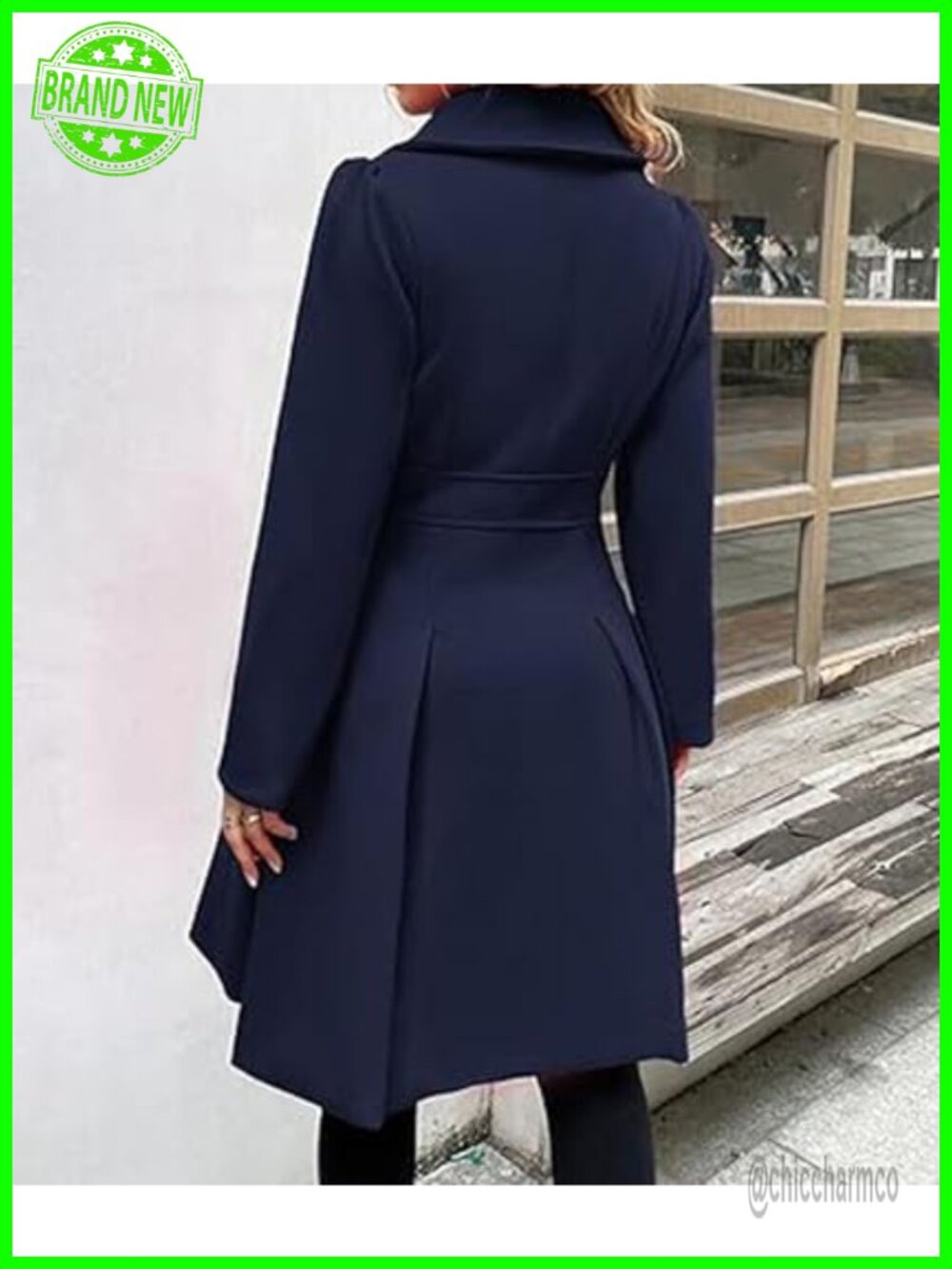 Double Breasted Trench Coat Notch Lapel A-Line Pleated Wool Blend Pea Coat - Picture 3 of 5